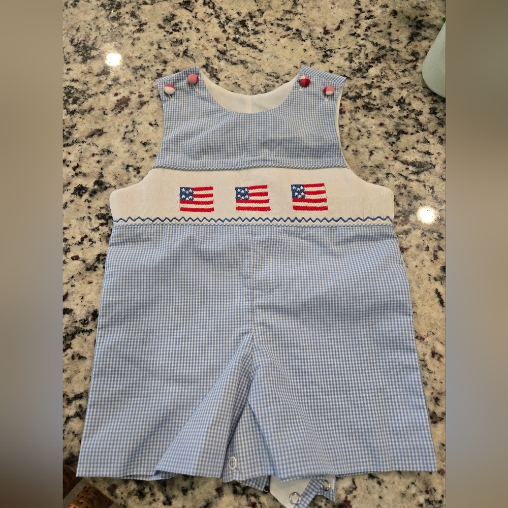 Patriotic Stitchy Fish Baby Romper with Flag Design